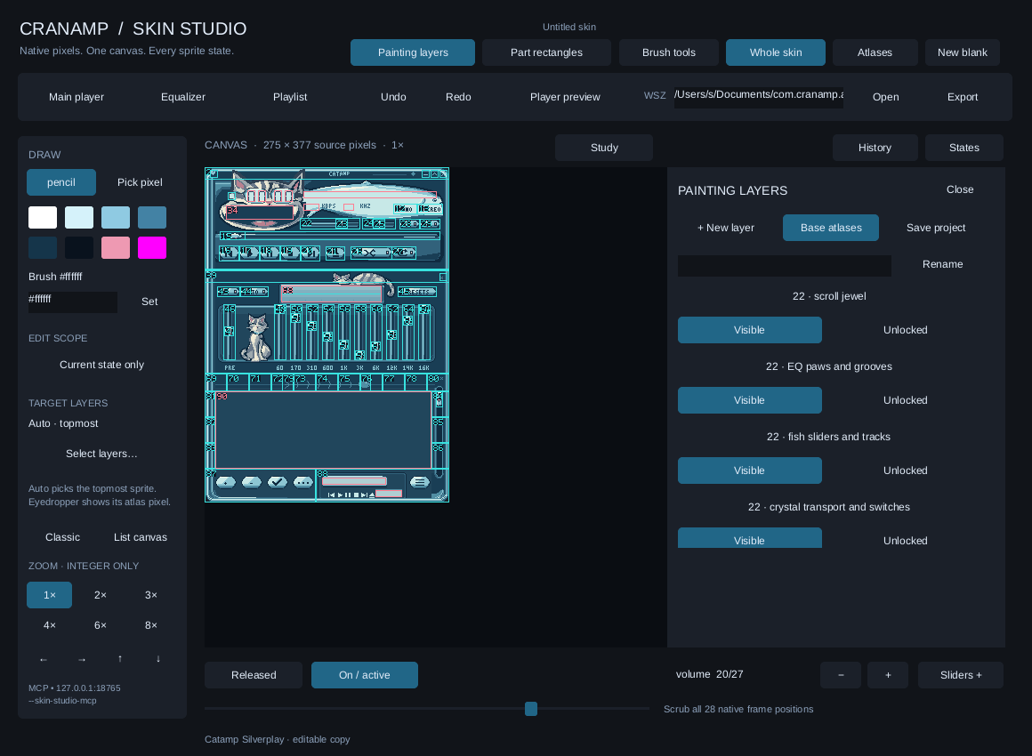 Skin Studio showing a pixel skin canvas and its painting layers